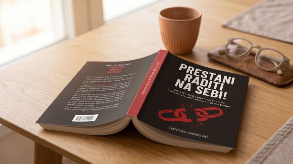 Knjiga Prestani raditi na sebi autora Timotea Crnkovića na drvenom stolu - najbolja knjiga protiv anksioznosti